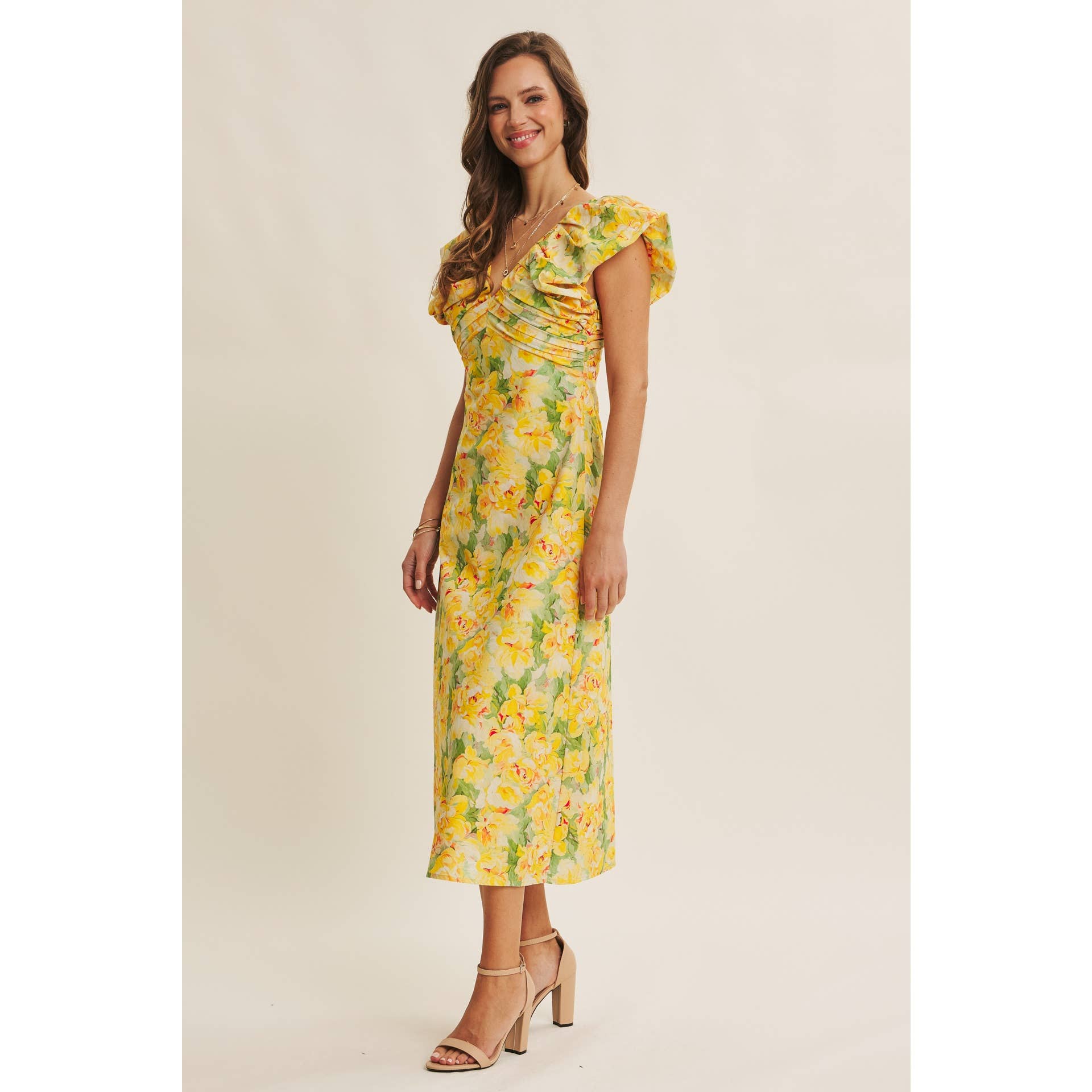 SUNSHINE KISSED COTTON FLORAL MIDI DRESS WITH VOLUMINOUS SLV - Surprise Lily