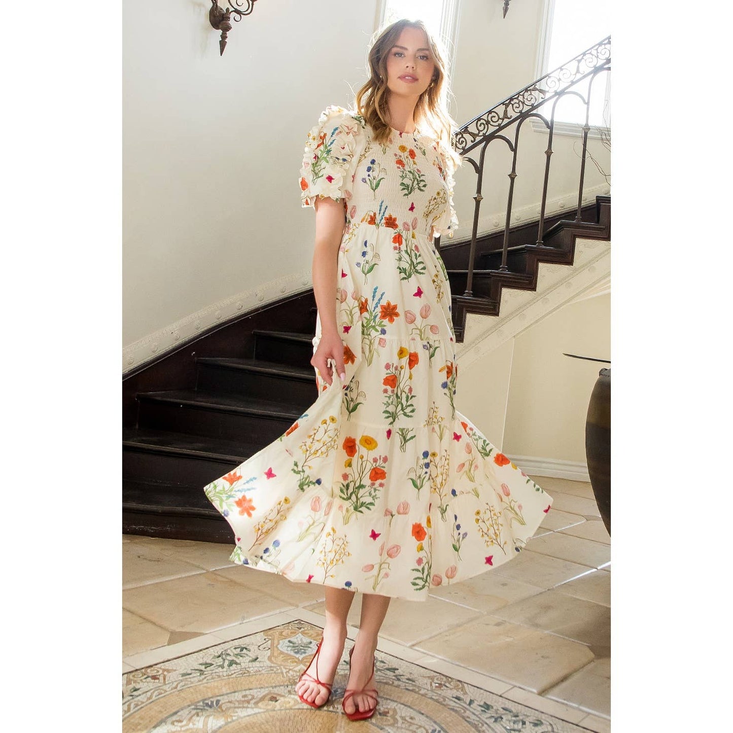 Puff Sleeve Floral Maxi Dress by THML