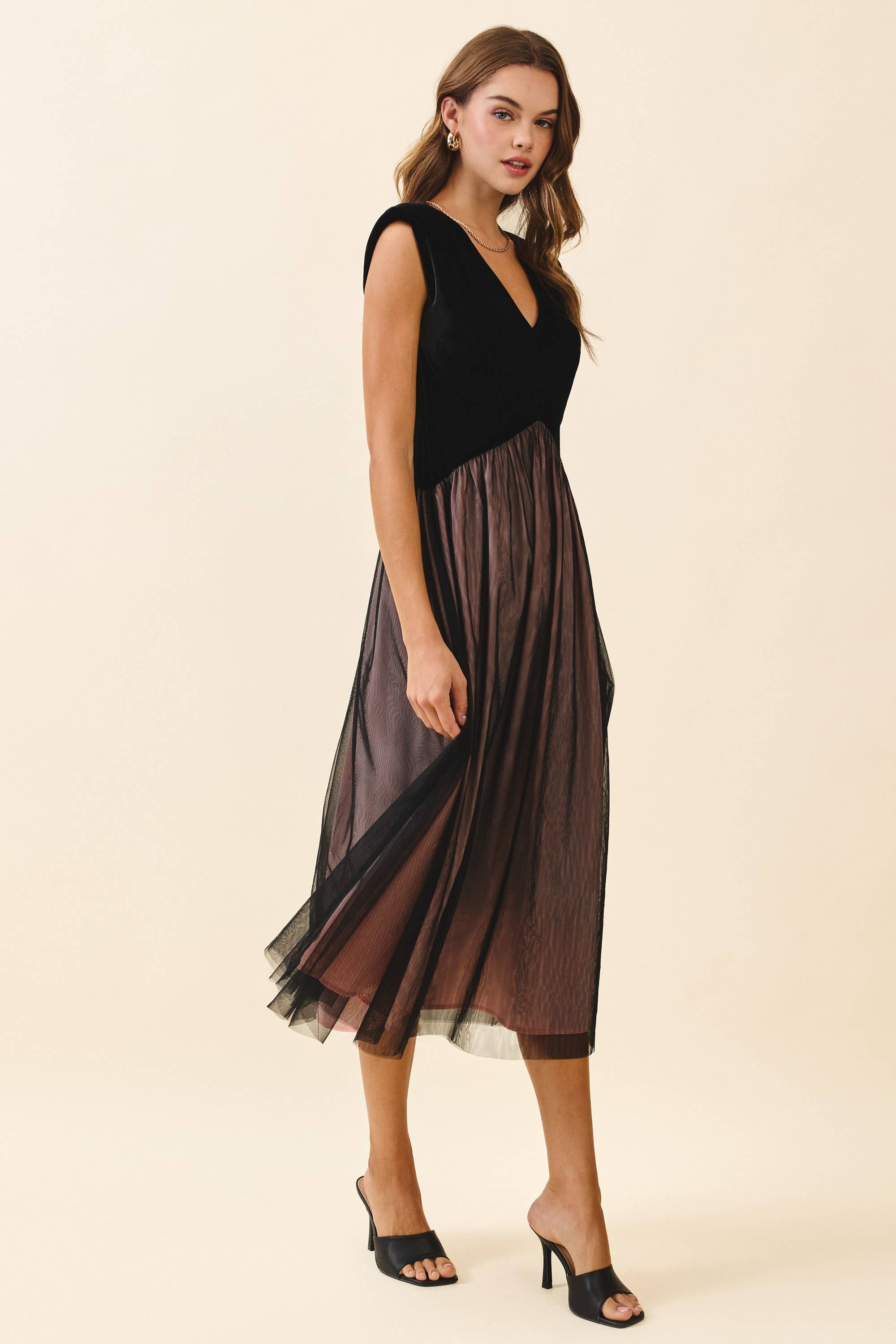 Velvet Fitted Bodice Midi Dress