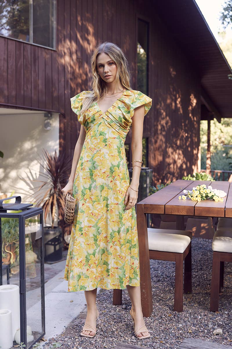 SUNSHINE KISSED COTTON FLORAL MIDI DRESS WITH VOLUMINOUS SLV - Surprise Lily