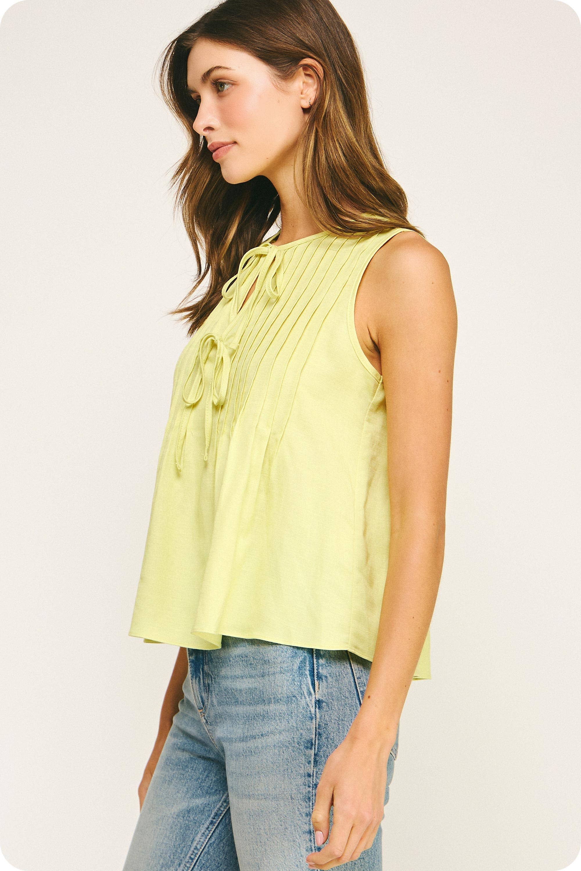 Pintuck Tie Detail Linen Sleeveless Top - Surprise Lily