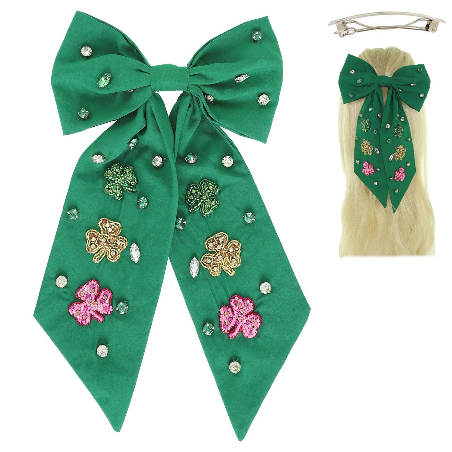 Saint Patrick's Shamrock Bow Barrette Hair Clip in Green