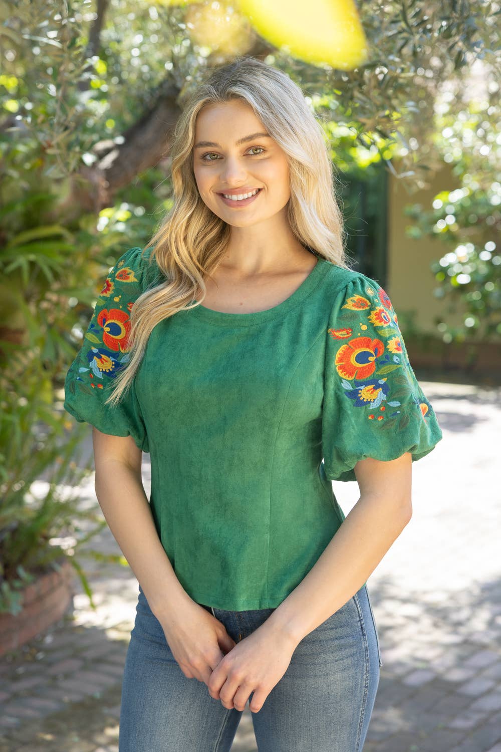 36780 Deep Round Neck Floral Embroidered Suede Top - Surprise Lily