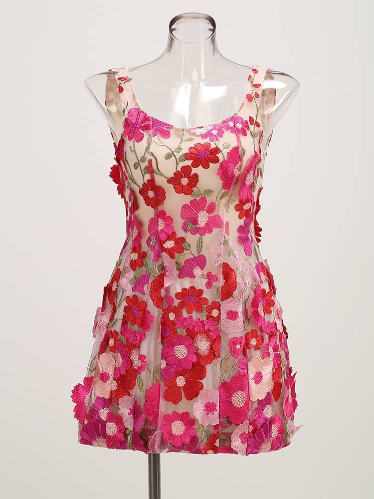 DR984 3D Floral Embroidered Strap Mini Dress 2026 - Surprise Lily
