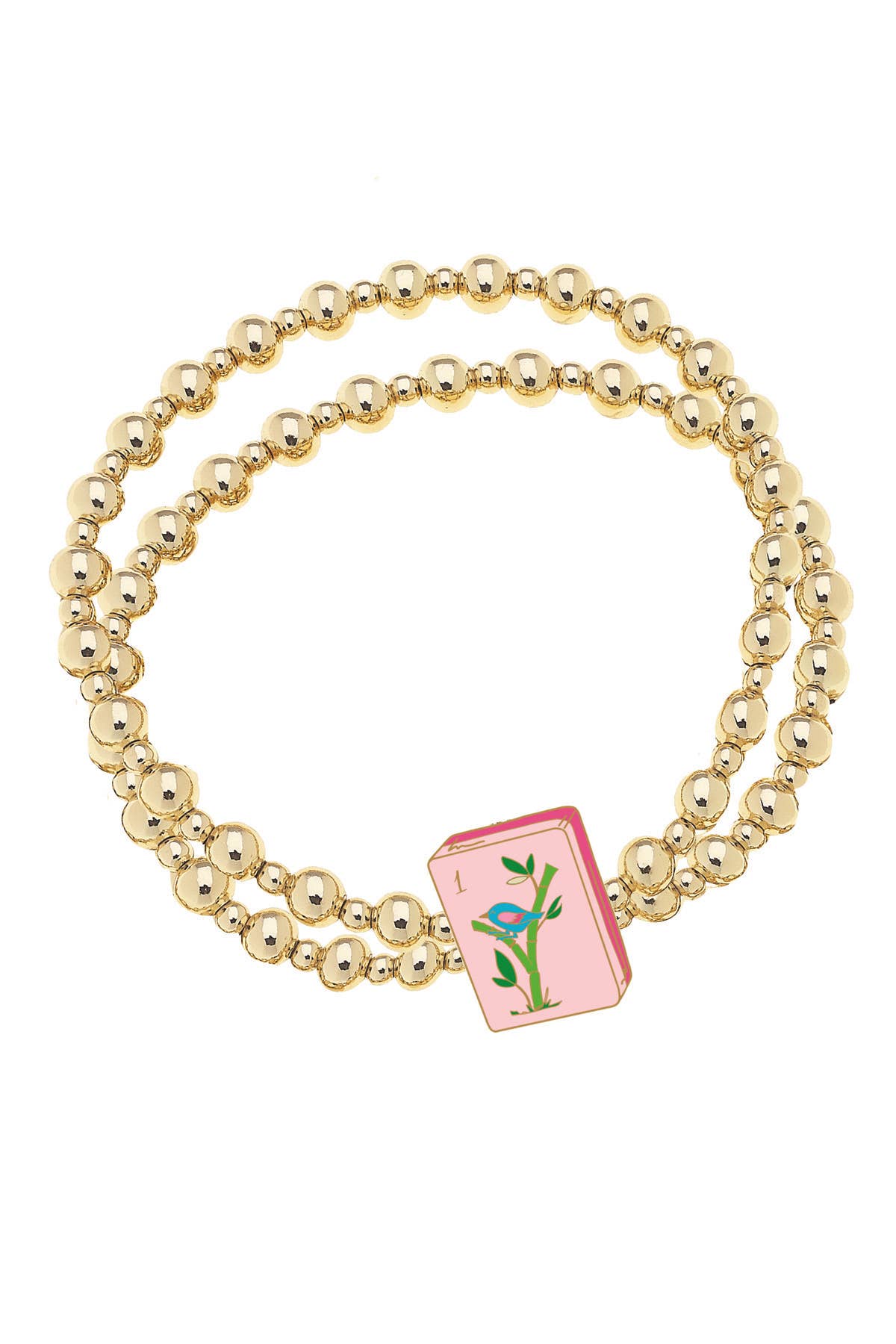 Mahjong 2-Row Ball Bead Stretch Bracelet in Shiny Gold
