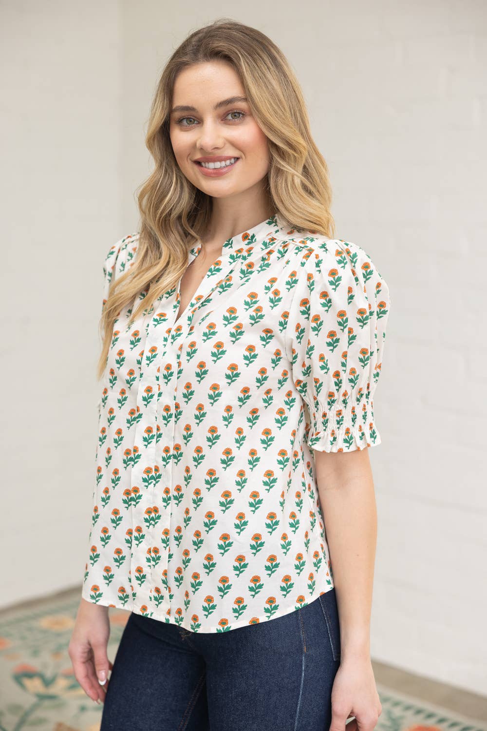 36713 Smocked Cuff Folded Placket Floral Print Top - Surprise Lily