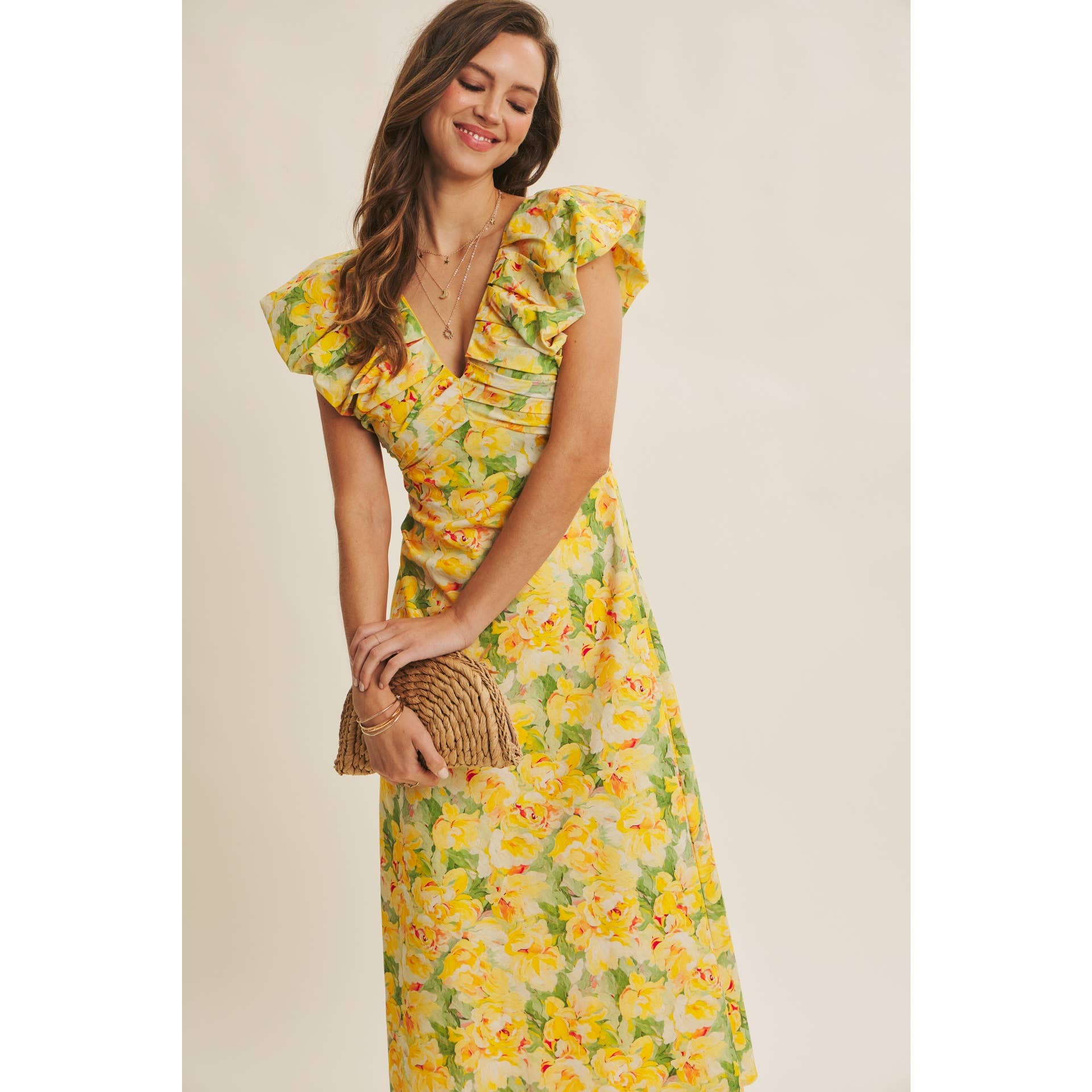 SUNSHINE KISSED COTTON FLORAL MIDI DRESS WITH VOLUMINOUS SLV - Surprise Lily