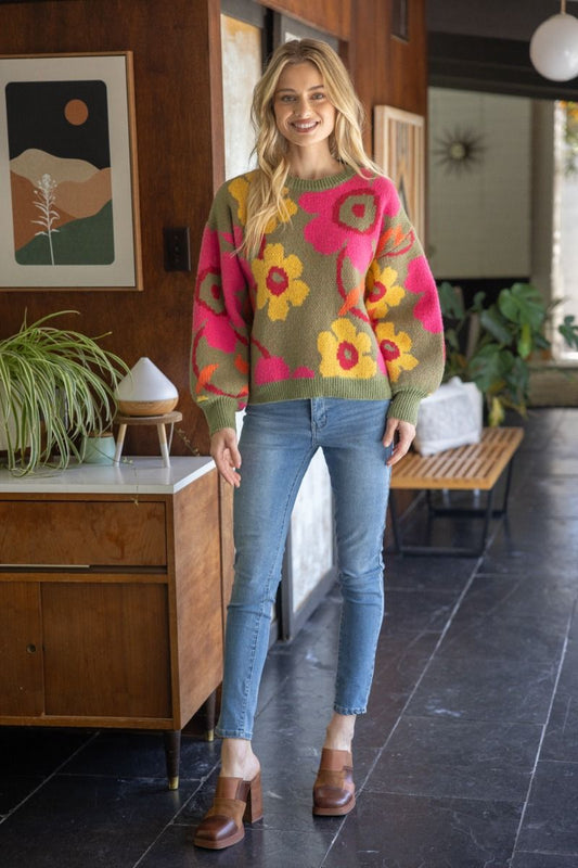 Flower Power in Olive - Top - Sweater - Surprise Lily