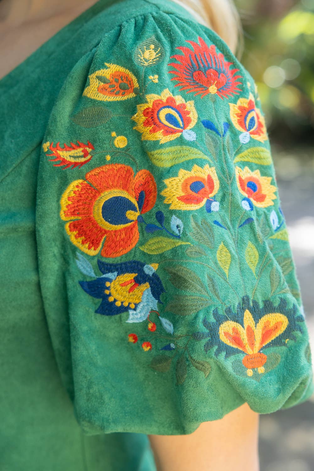 36780 Deep Round Neck Floral Embroidered Suede Top - Surprise Lily