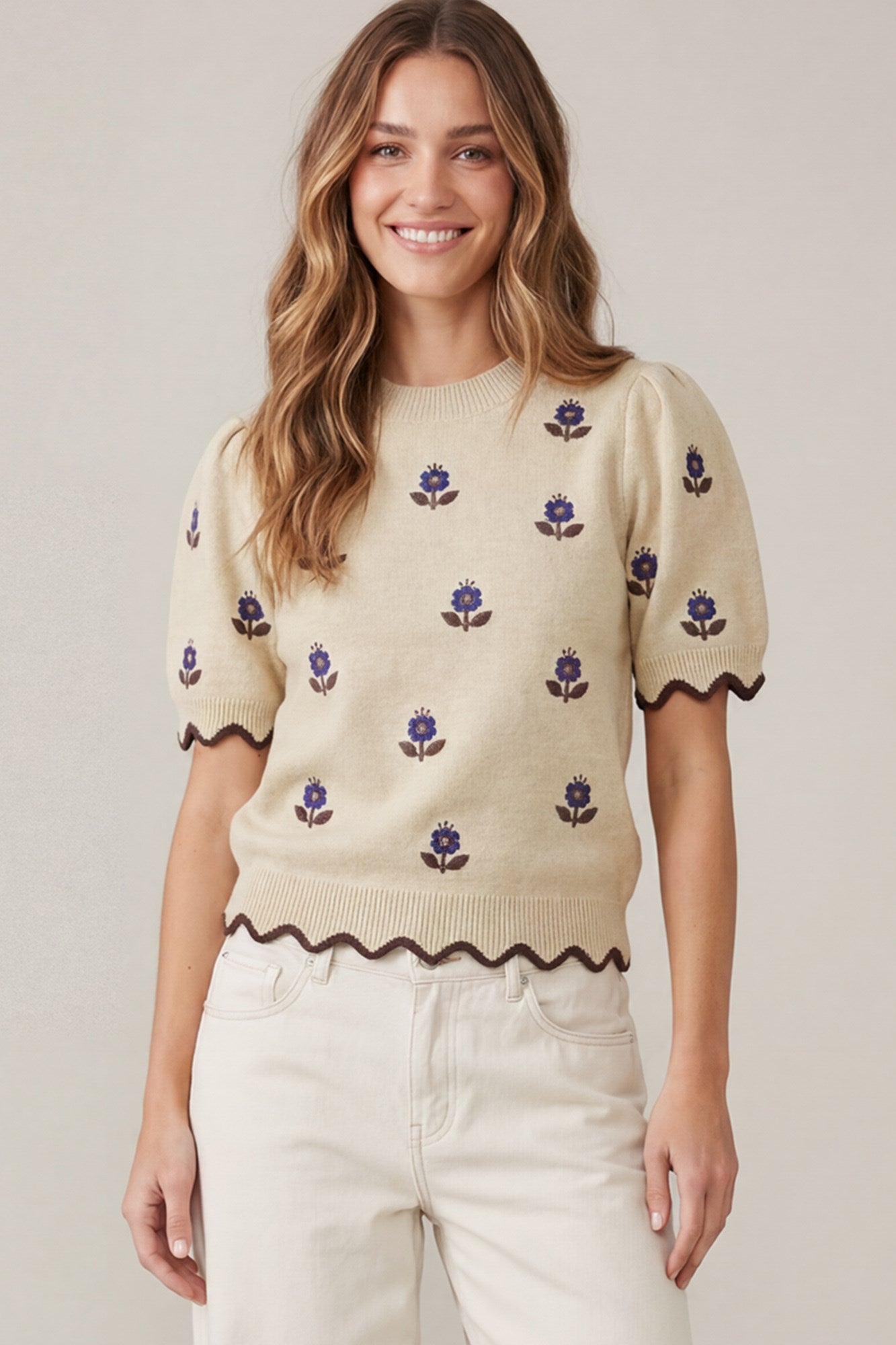 Half Sleeve Flower Embroidery and Scalloped Edge Sweater Top
