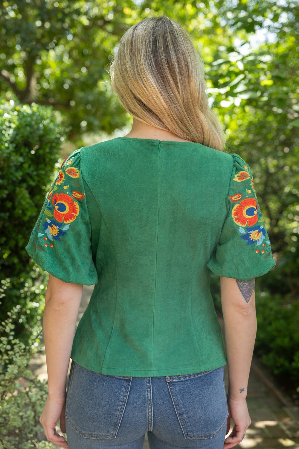 36780 Deep Round Neck Floral Embroidered Suede Top - Surprise Lily