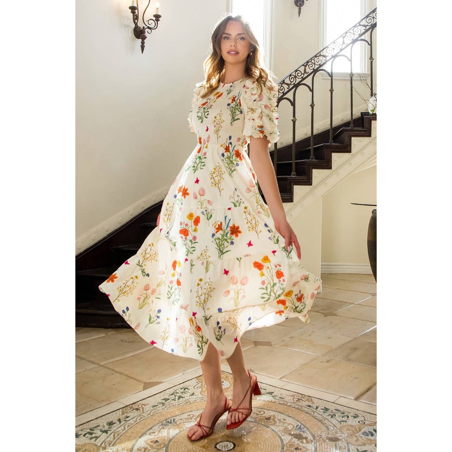 Puff Sleeve Floral Maxi Dress by THML