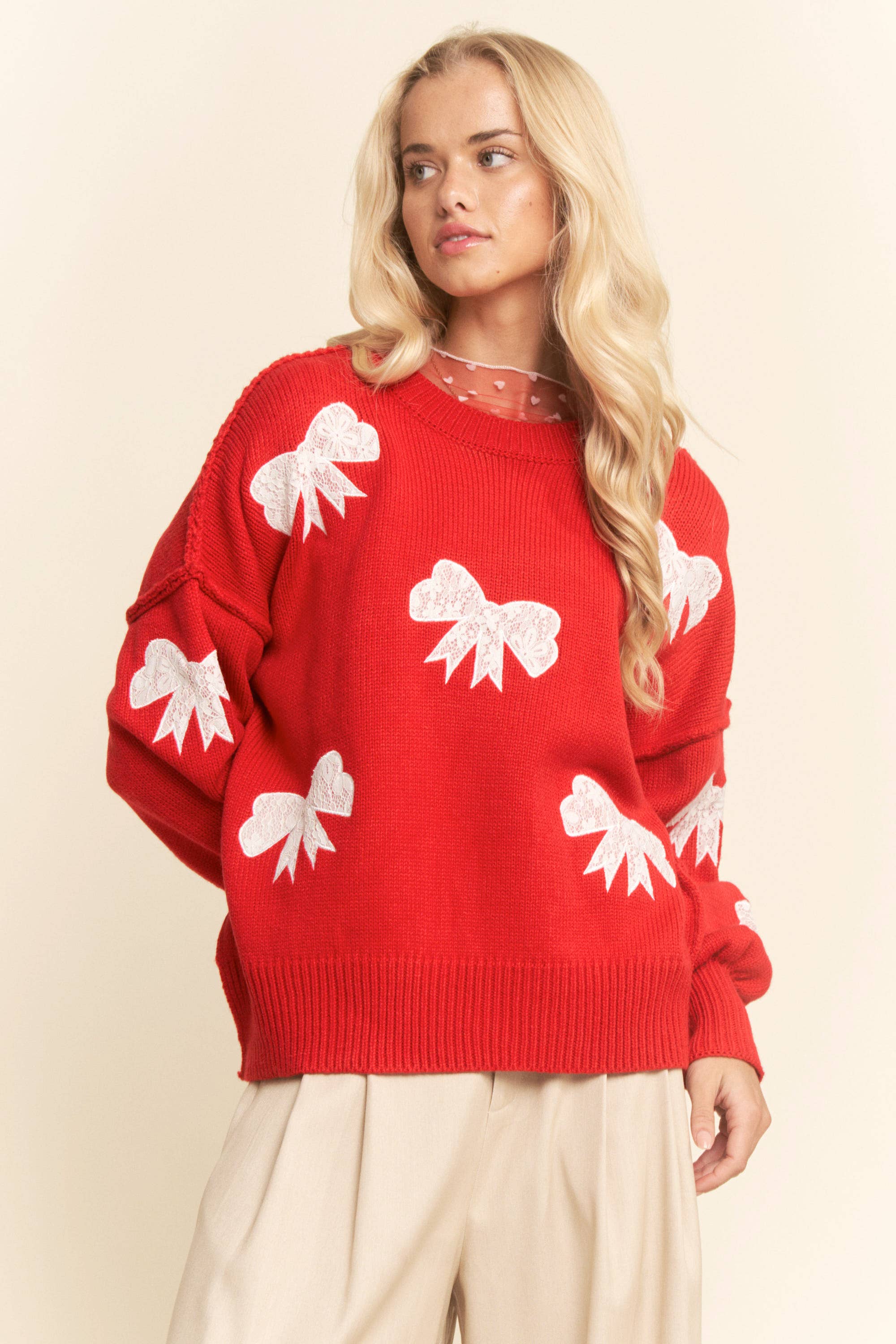Lace Ribbon Bow Patch Sweater