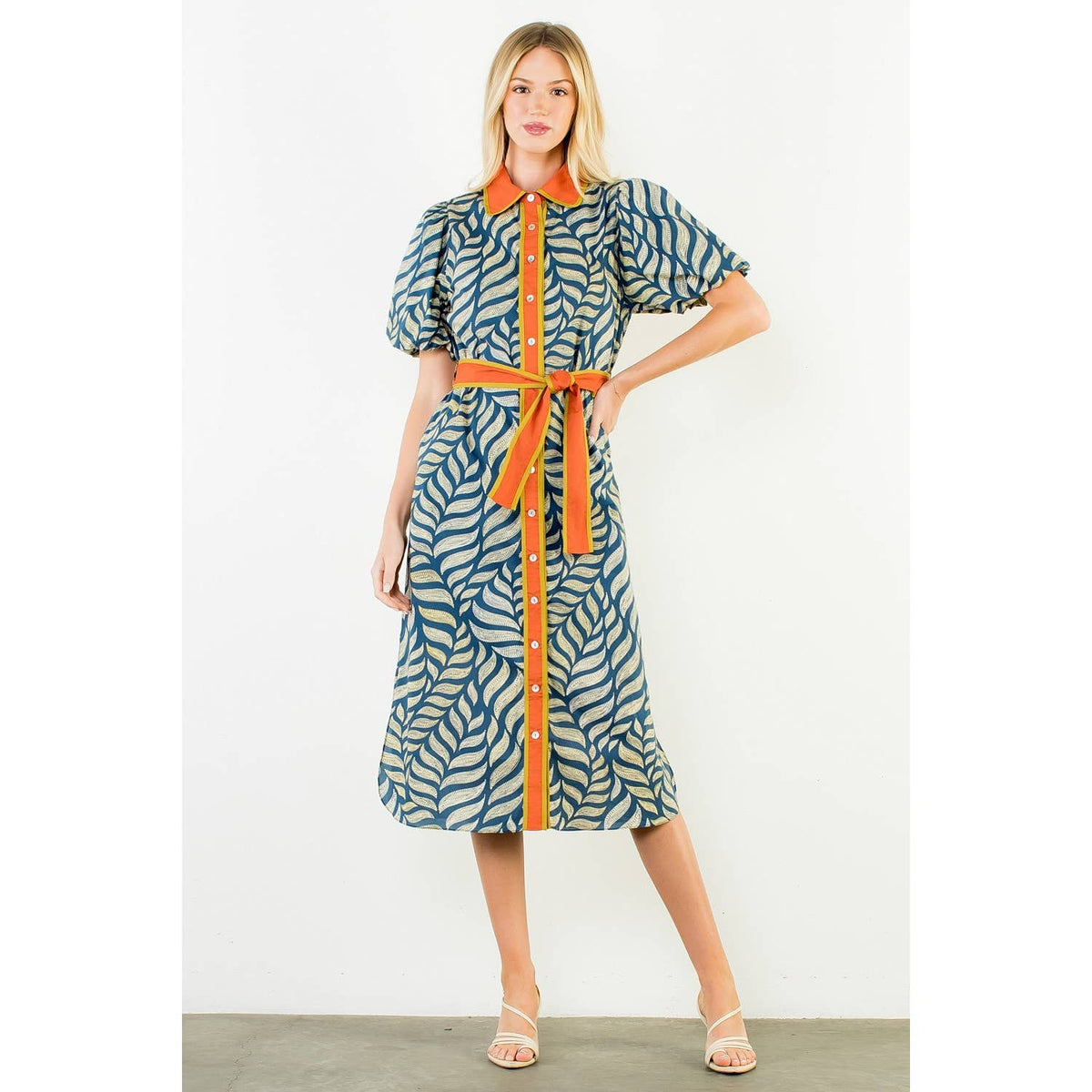 Puff Sleeve Patterned Button Down Dress - Surprise Lily