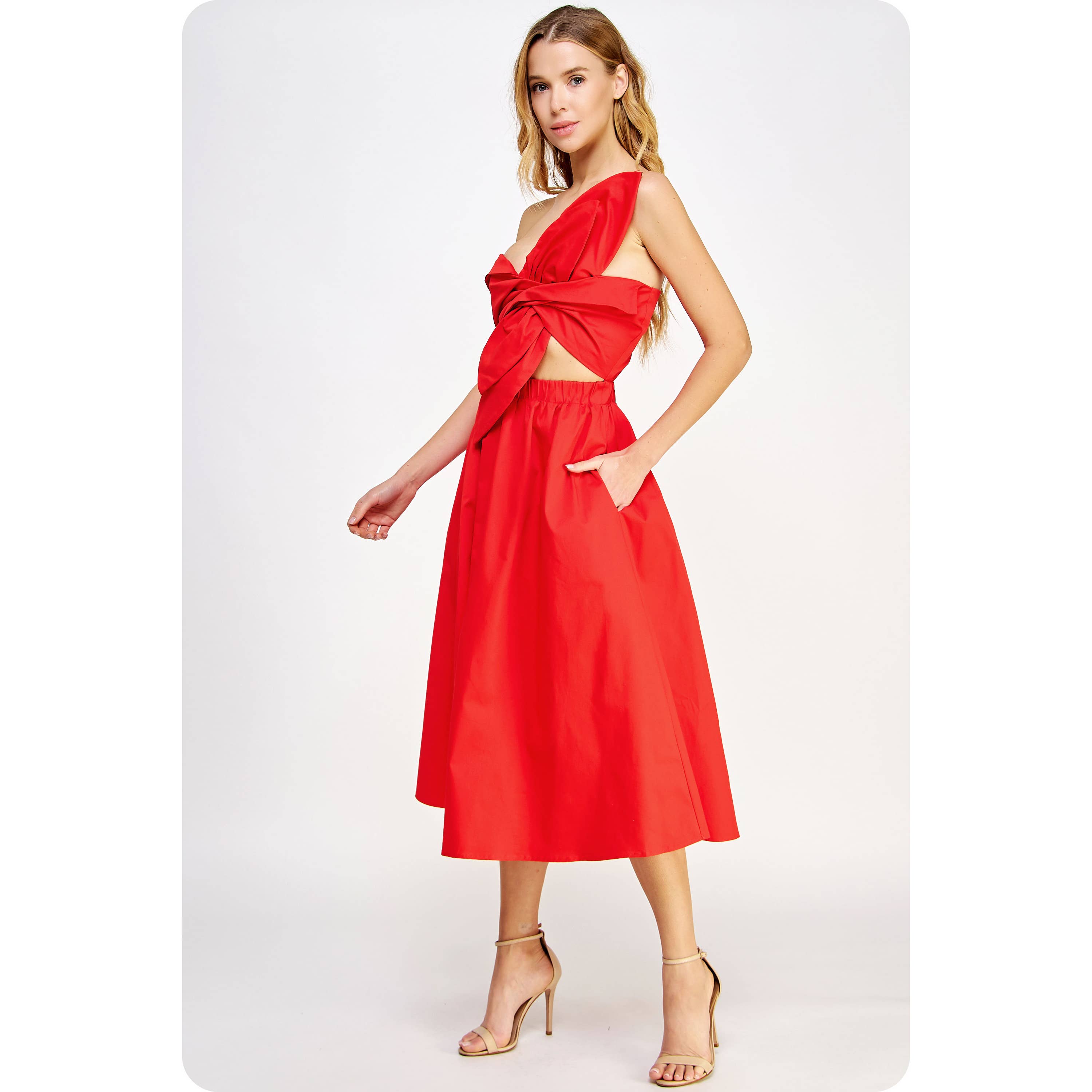 Flower Bow Midi Dress in Cherry Red - Dress - Midi - Surprise Lily