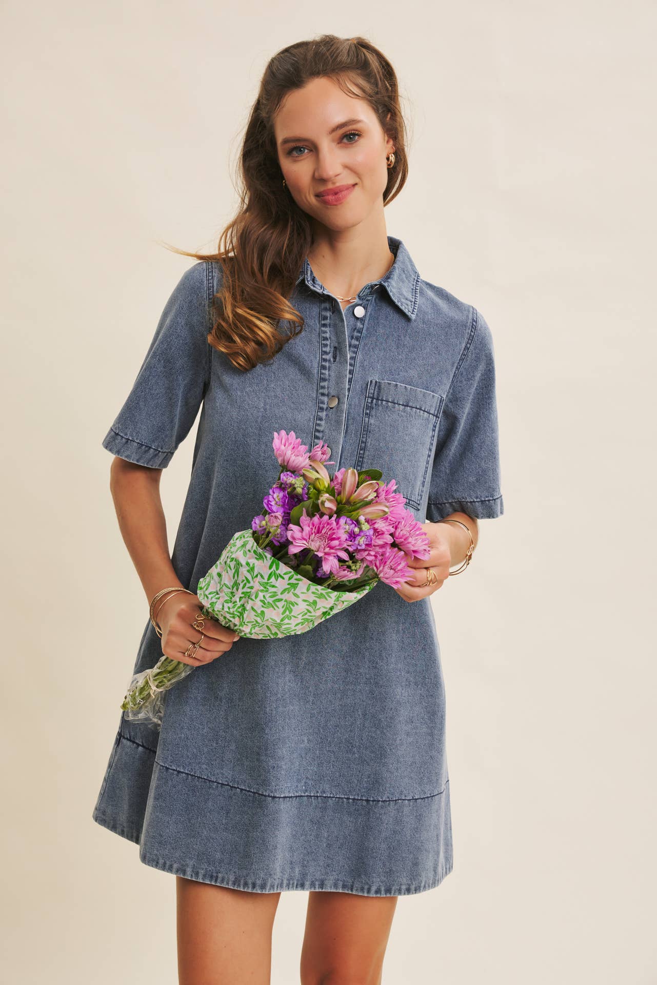 VINTAGE UTILITY DENIM WASHED RELAXED FIT A-LINE MINI DRESS - Surprise Lily