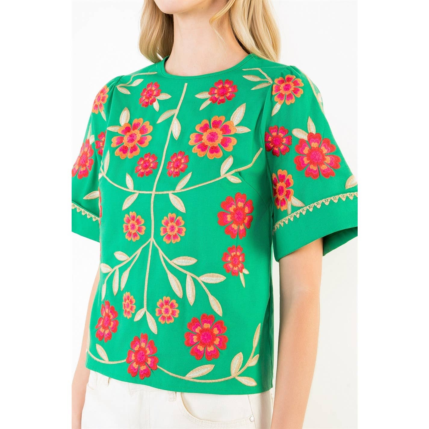 Short Sleeve Floral Embroidery Detail Top - Surprise Lily