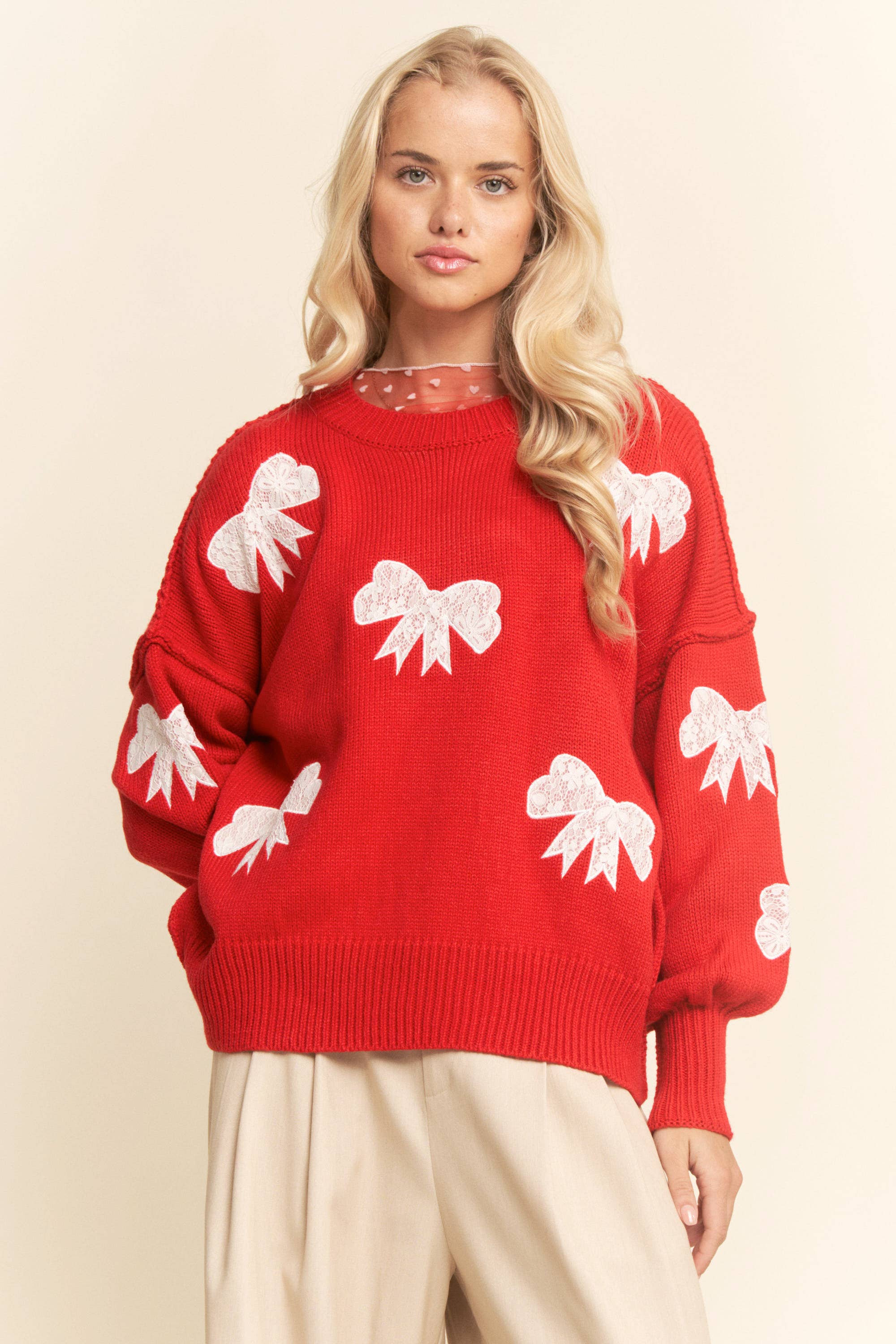Lace Ribbon Bow Patch Sweater