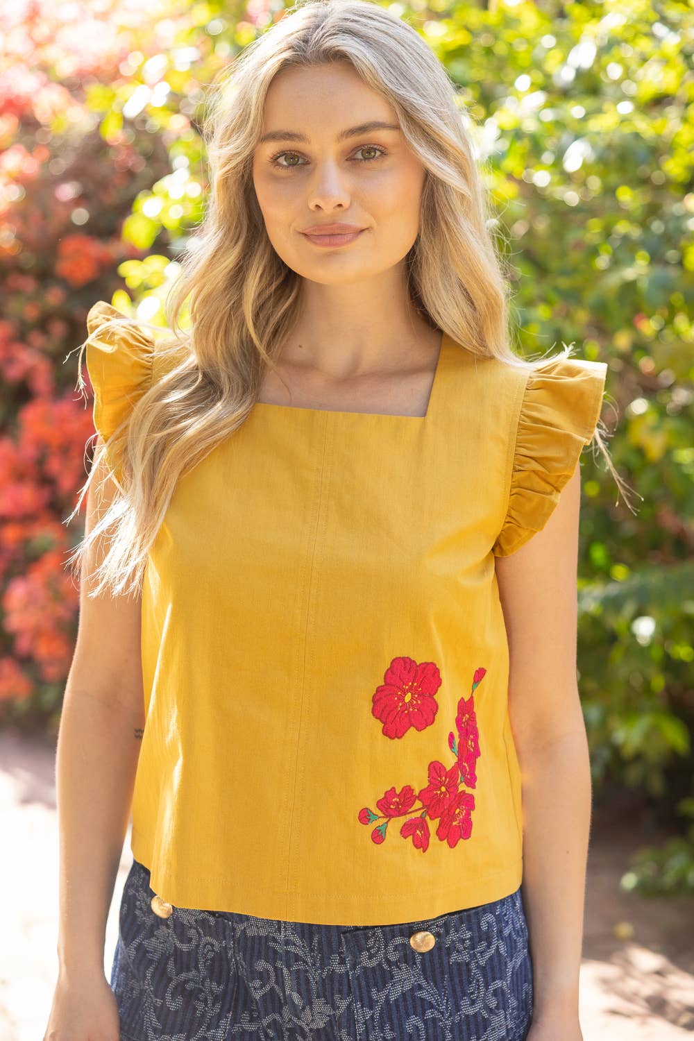Square Neckline Floral Embroidered Top