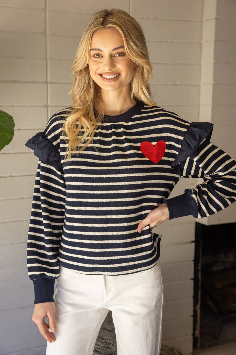 Striped Heart Detail Crewneck Top