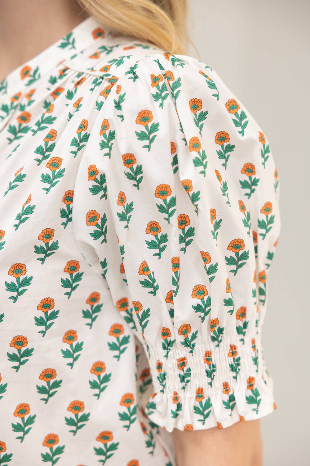 36713 Smocked Cuff Folded Placket Floral Print Top - Surprise Lily