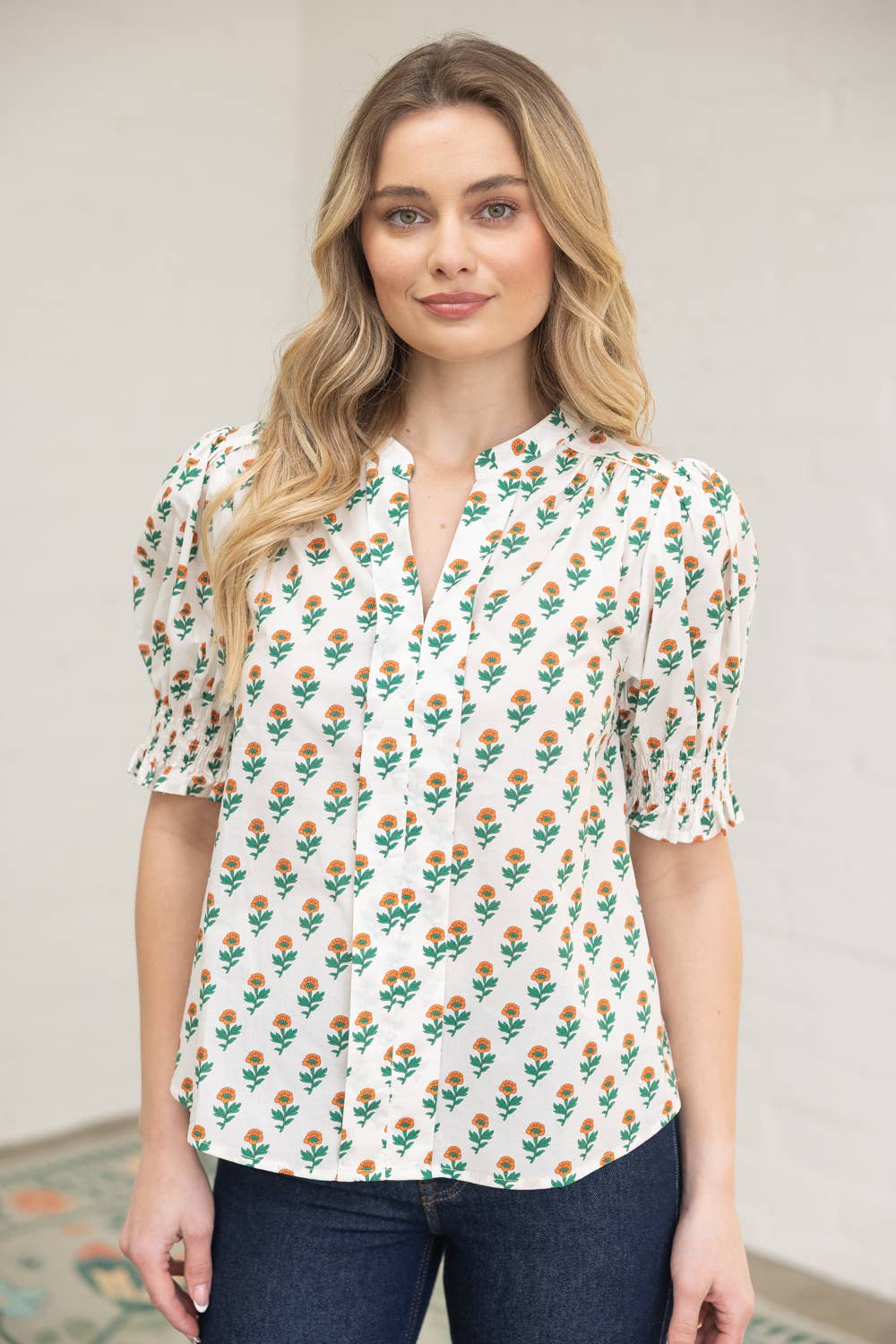 36713 Smocked Cuff Folded Placket Floral Print Top - Surprise Lily