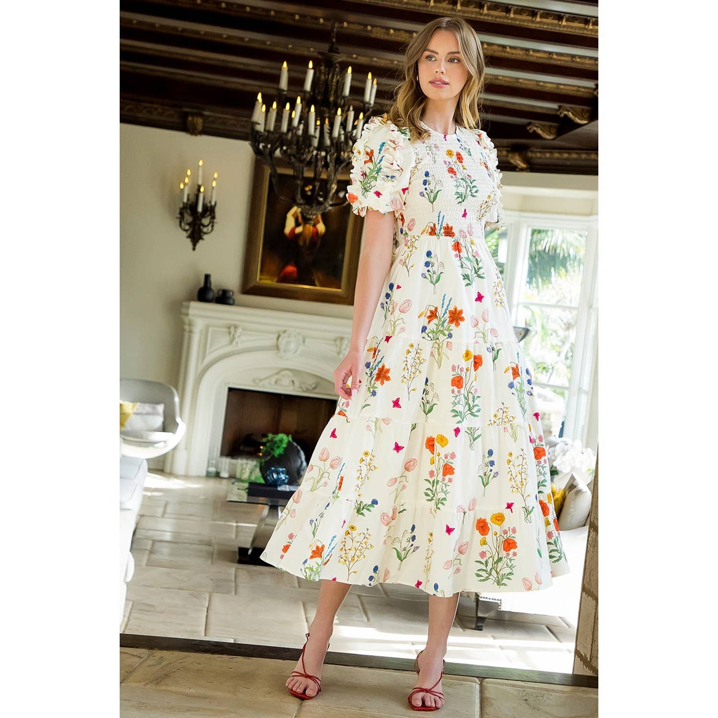 Puff Sleeve Floral Maxi Dress by THML