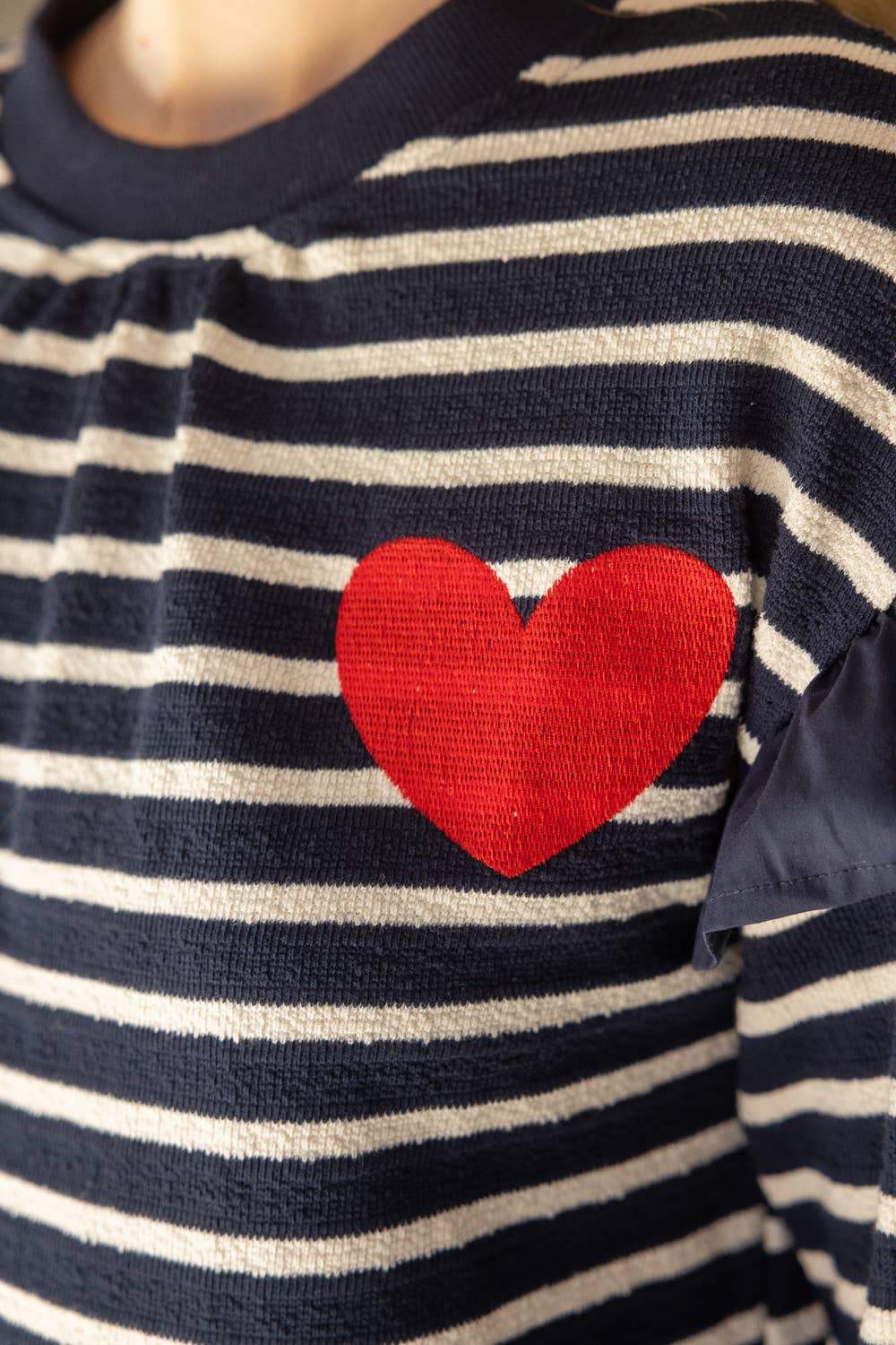 Striped Heart Detail Crewneck Top
