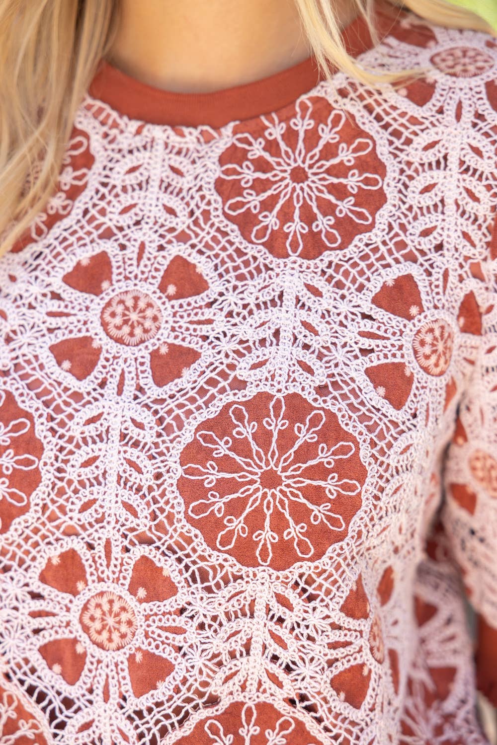 Floral Rust Crochet Contrast Top