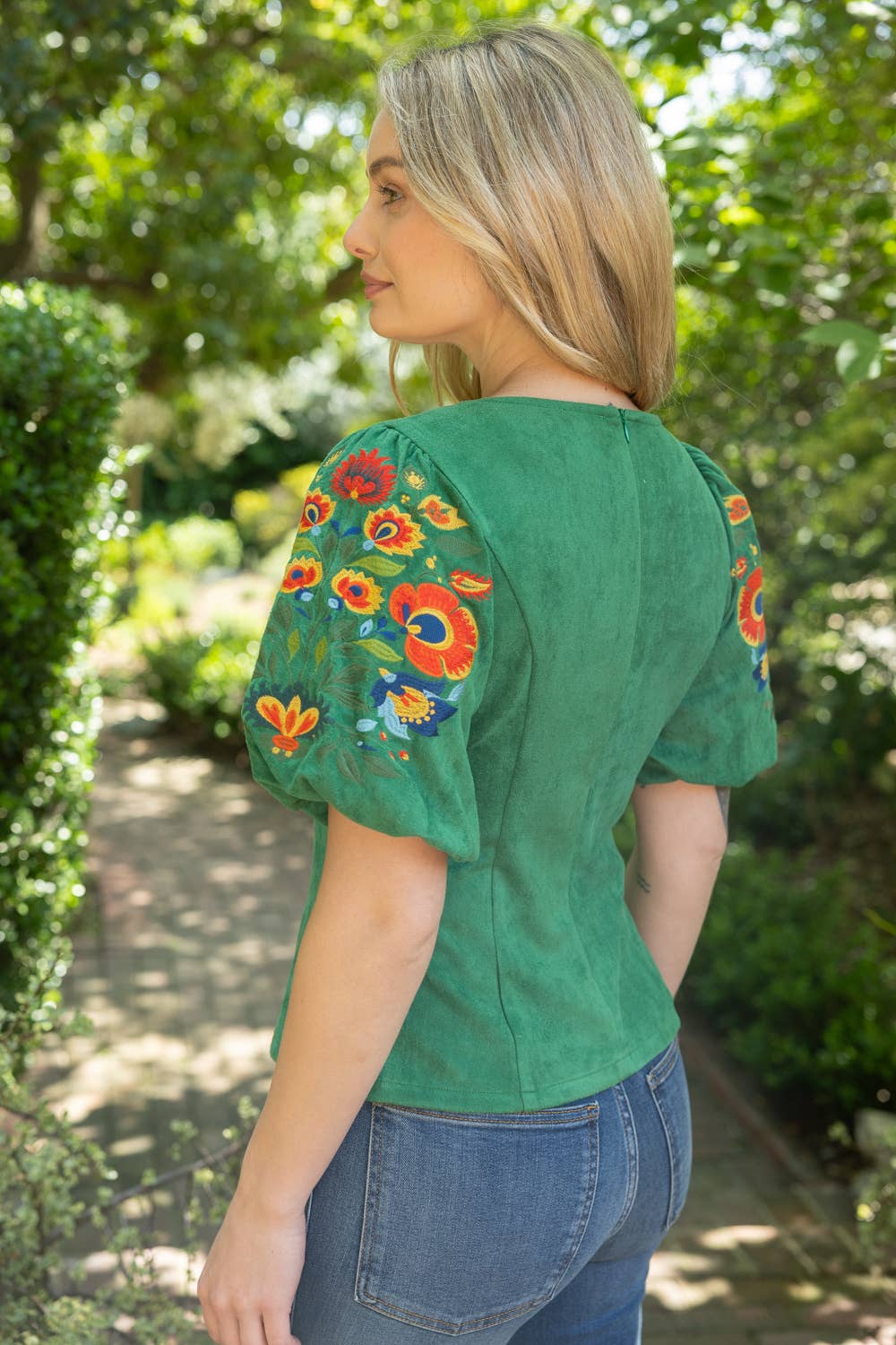 36780 Deep Round Neck Floral Embroidered Suede Top - Surprise Lily