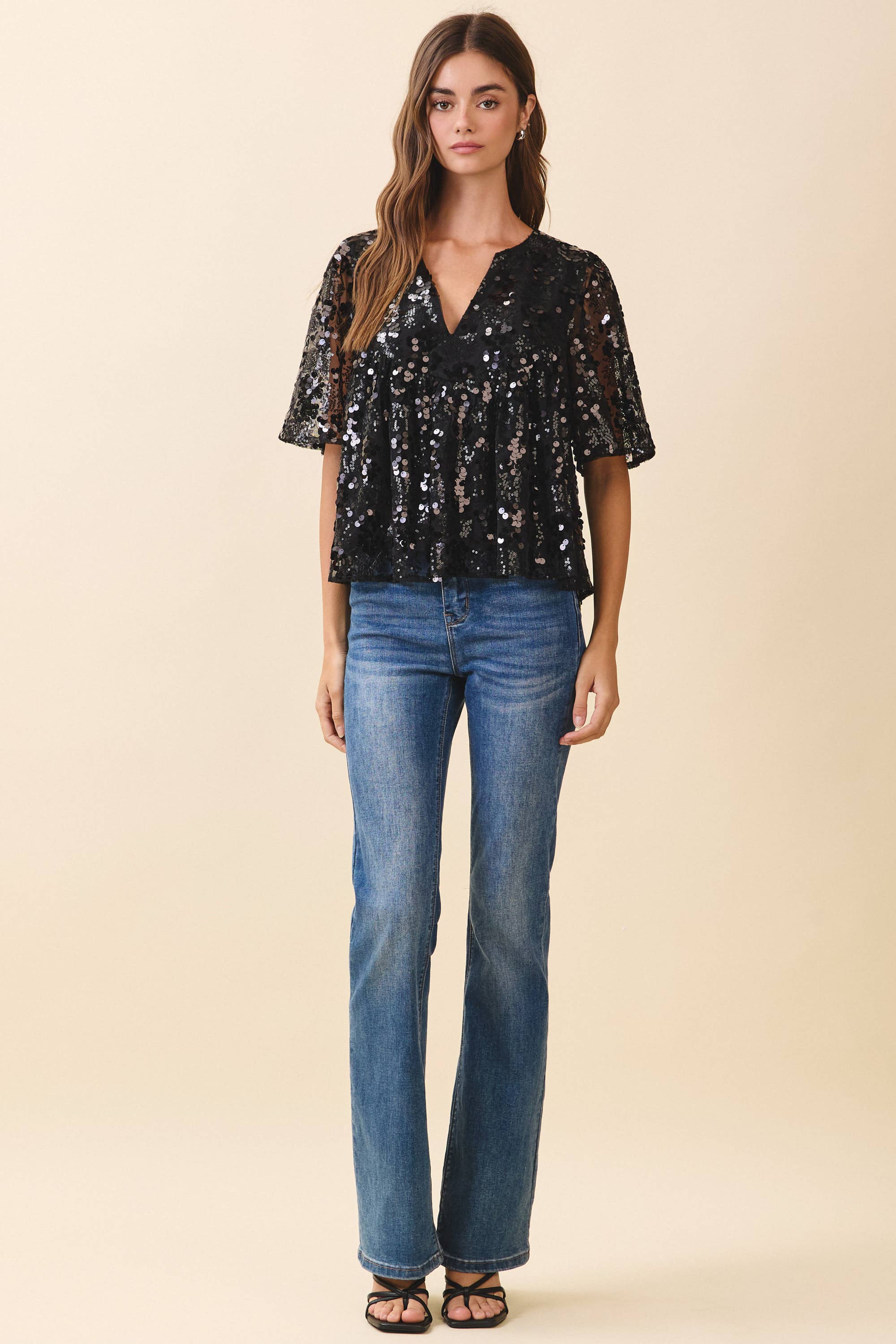 Relaxed Fit Black Sequin Top