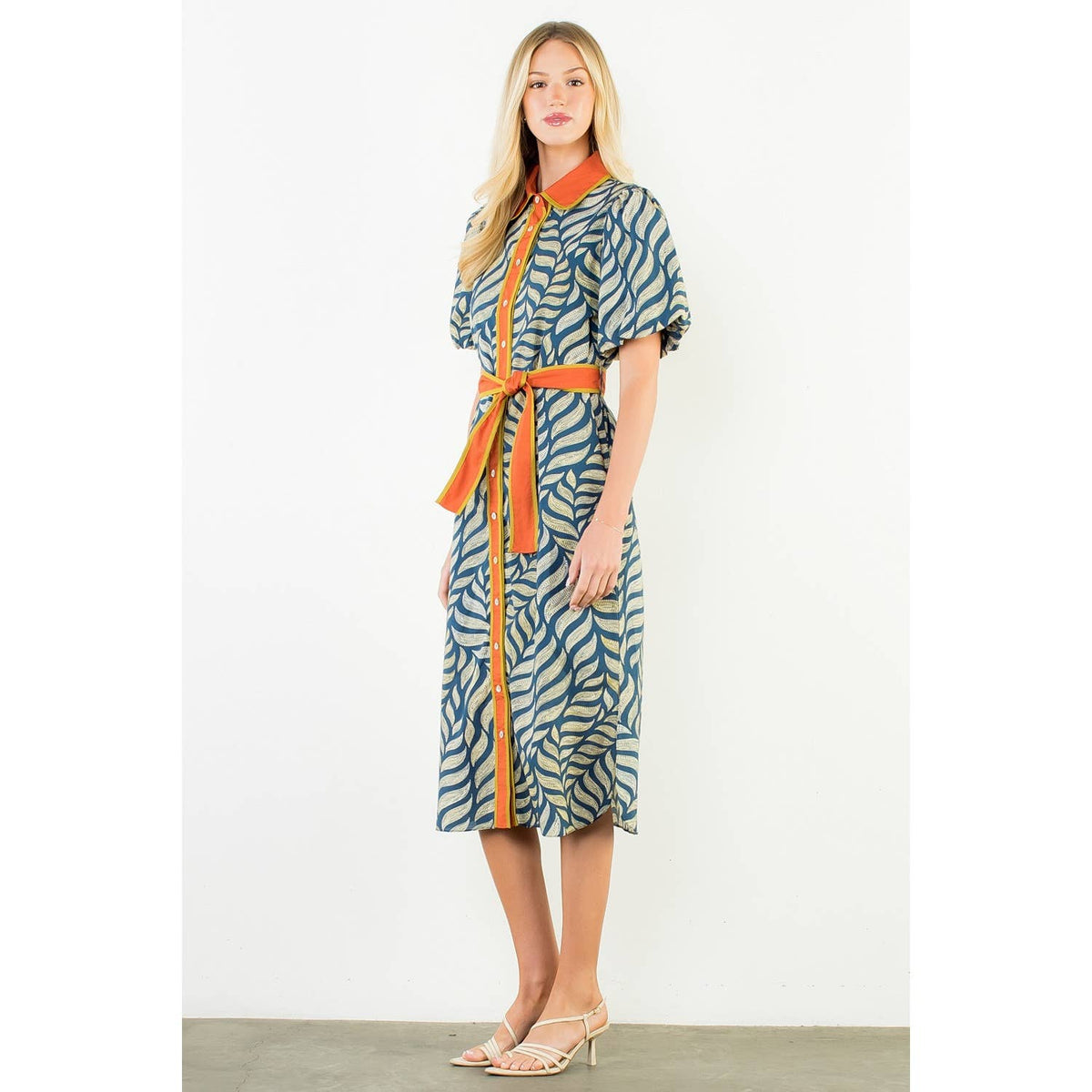 Puff Sleeve Patterned Button Down Dress - Surprise Lily