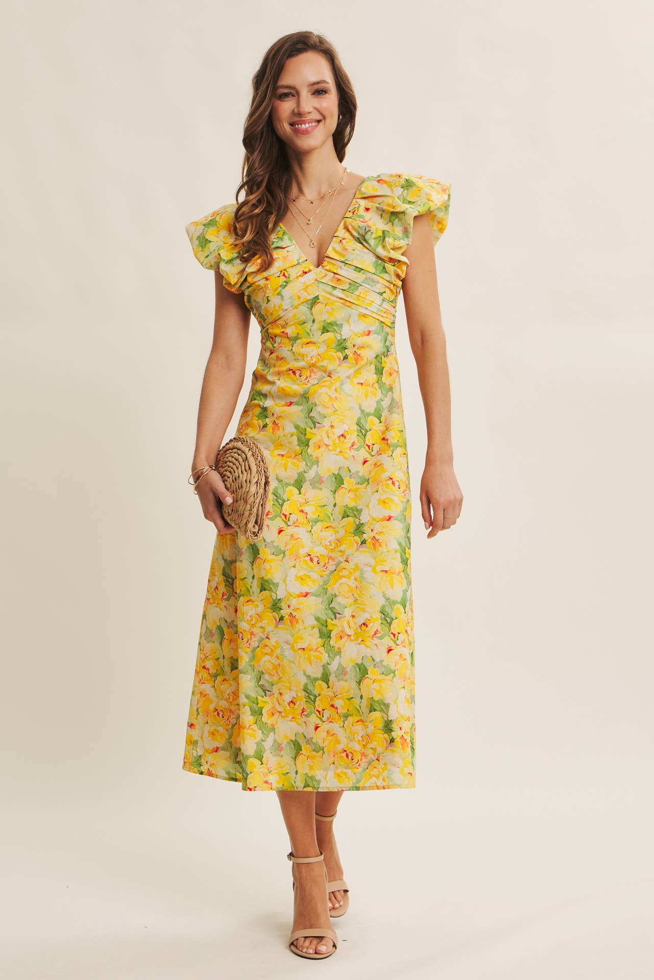 SUNSHINE KISSED COTTON FLORAL MIDI DRESS WITH VOLUMINOUS SLV - Surprise Lily