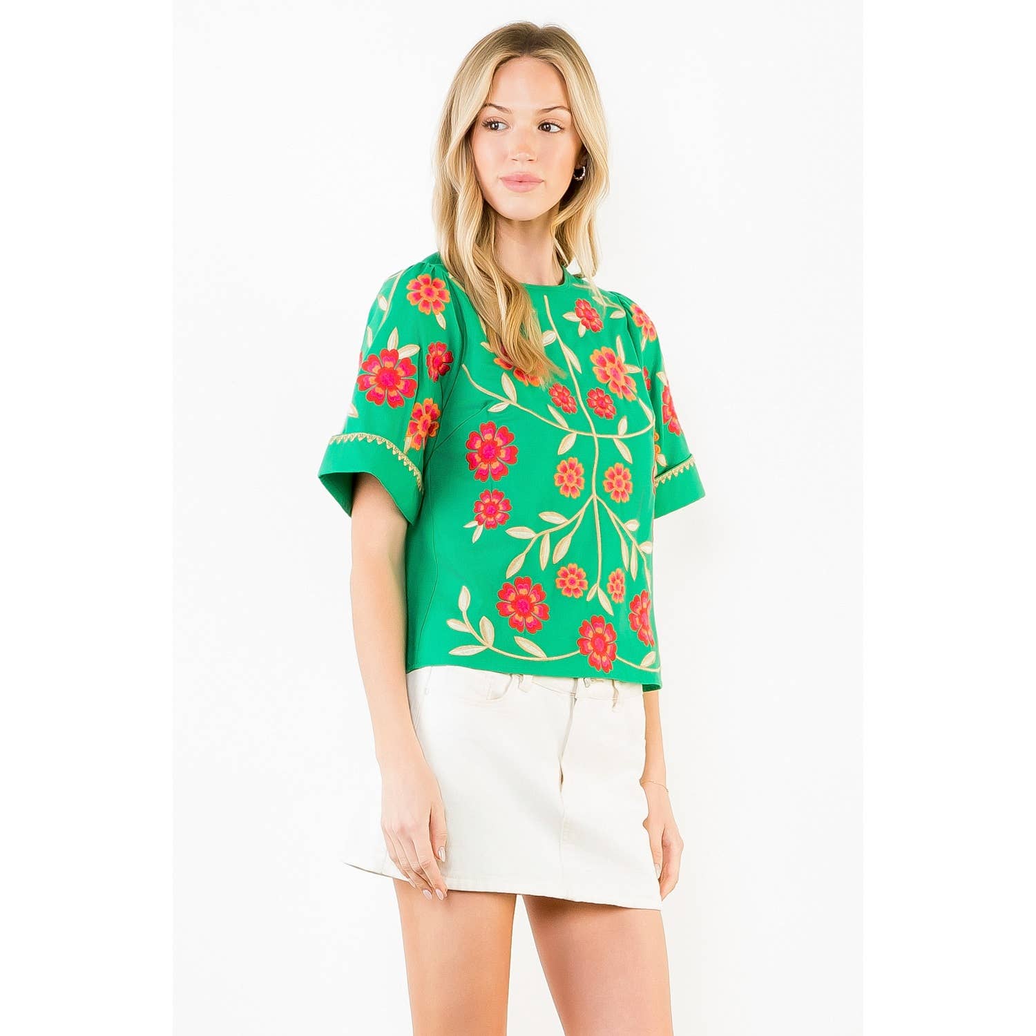 Short Sleeve Floral Embroidery Detail Top - Surprise Lily
