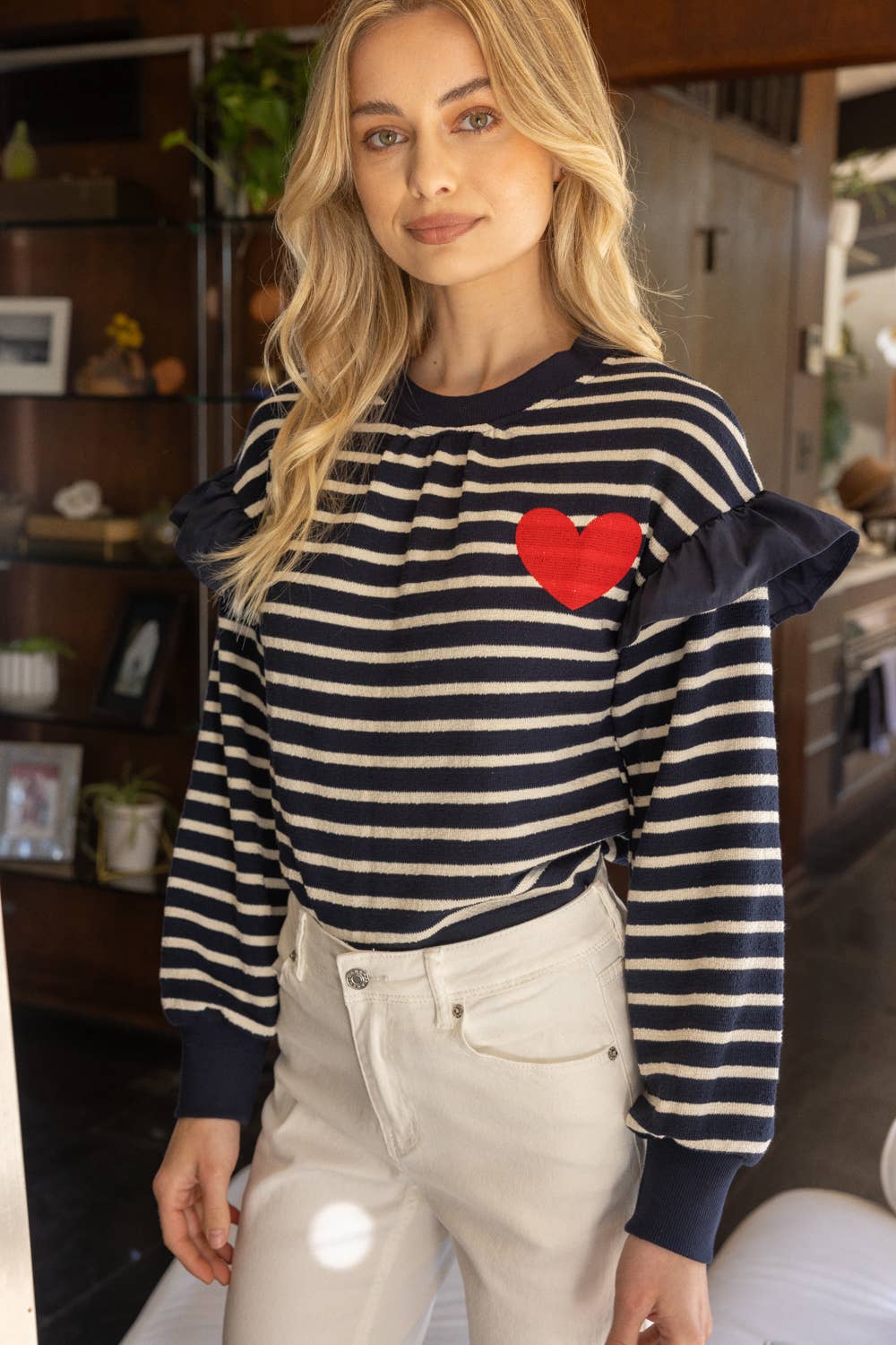 Striped Heart Detail Crewneck Top