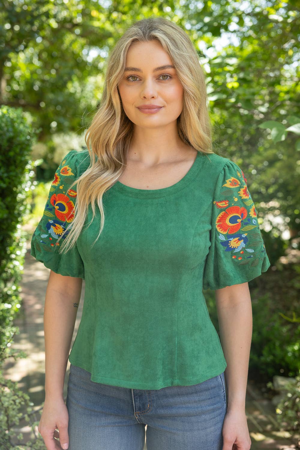 36780 Deep Round Neck Floral Embroidered Suede Top - Surprise Lily