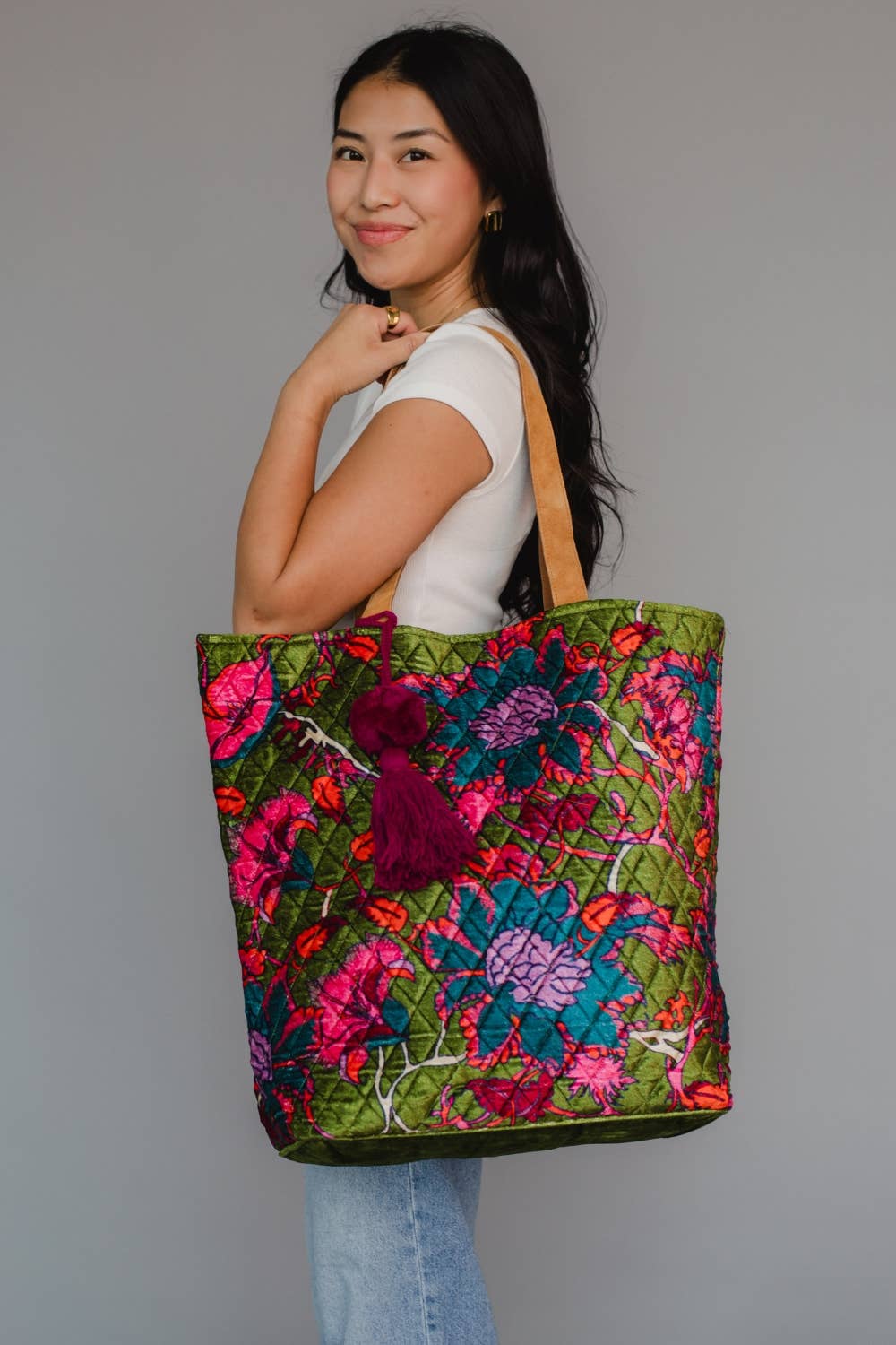 Olive & Multicolored Floral Tote