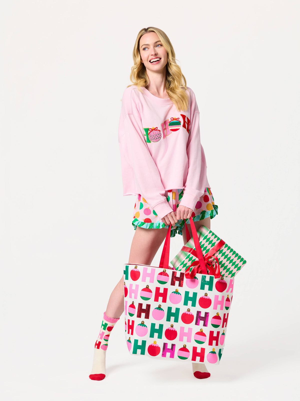 "HO HO HO" ORNAMENTS SOCKS, IVORY - Surprise Lily