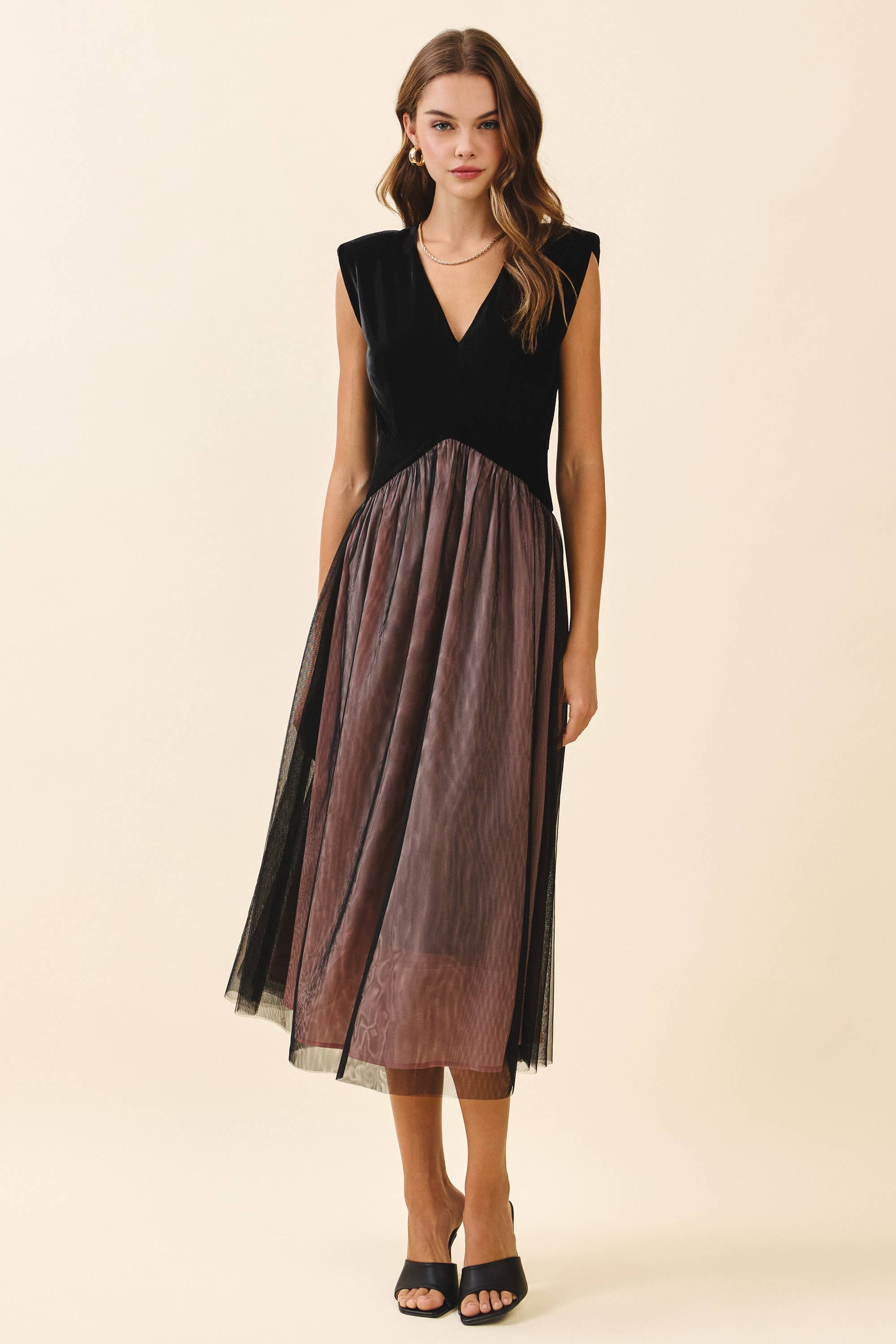 Velvet Fitted Bodice Midi Dress