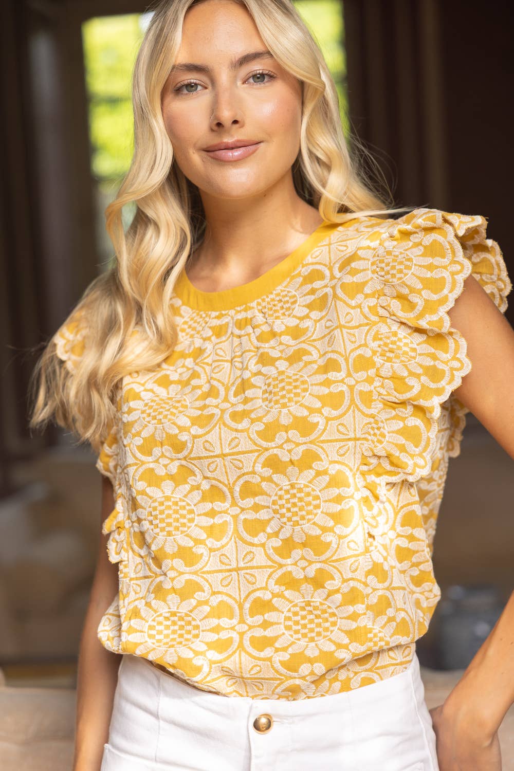 36693 Scallop Ruffle Detail Floral Embroidered Top - Surprise Lily