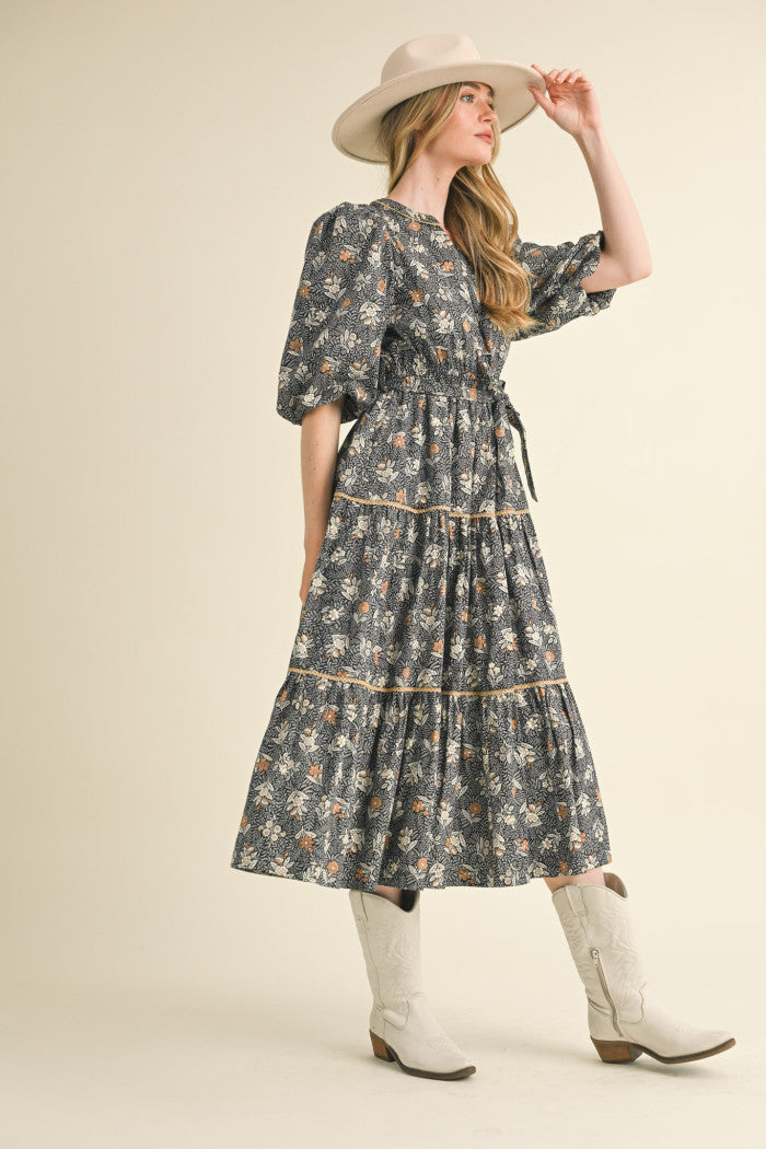 Black Floral Midi Dress with Brown Lace Trim