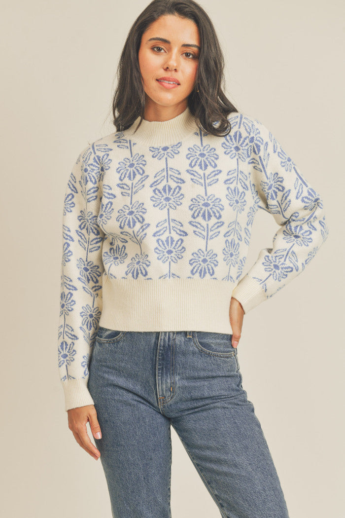 Floral Knit Sweater in Blue Daisy