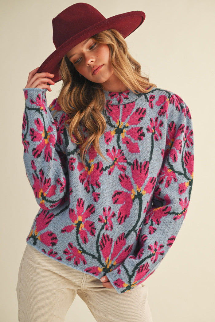 Blue and Fuchsia Floral Sweater