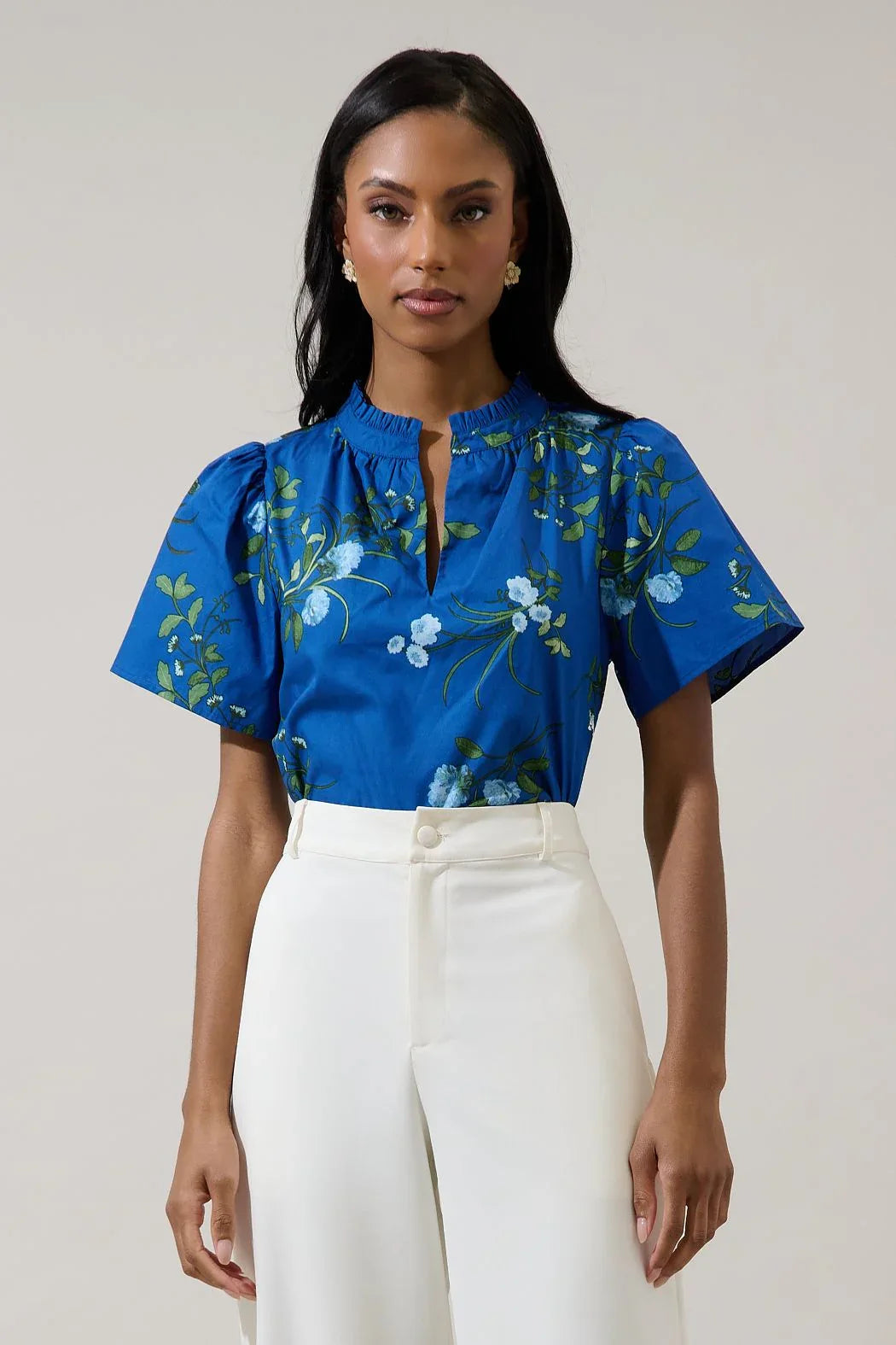 Floral Split Neck Top in Blue - Surprise Lily