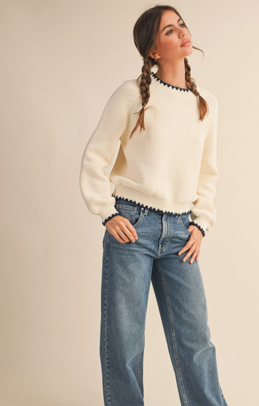 Ivory & Navy Blanket Stitch Puff Sleeve Sweater