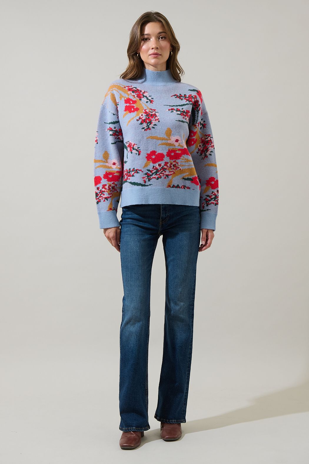 Light Blue Floral Mock Neck Sweater