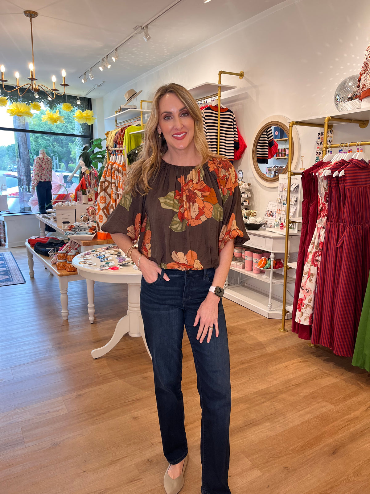 THML Brown Floral Bubble Sleeve Top - Surprise Lily