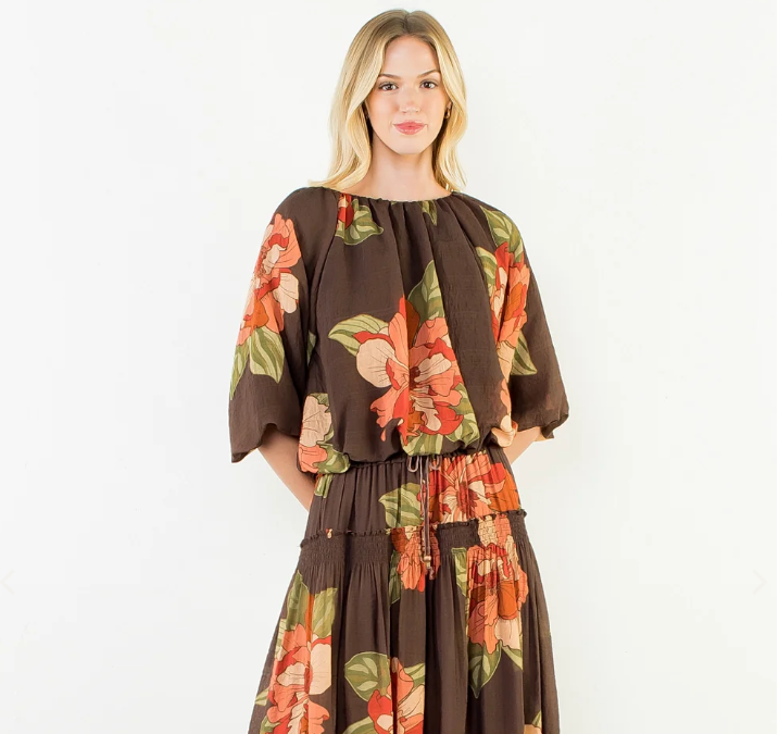 THML brown floral bubble sleeve top with boat neckline and elastic hem