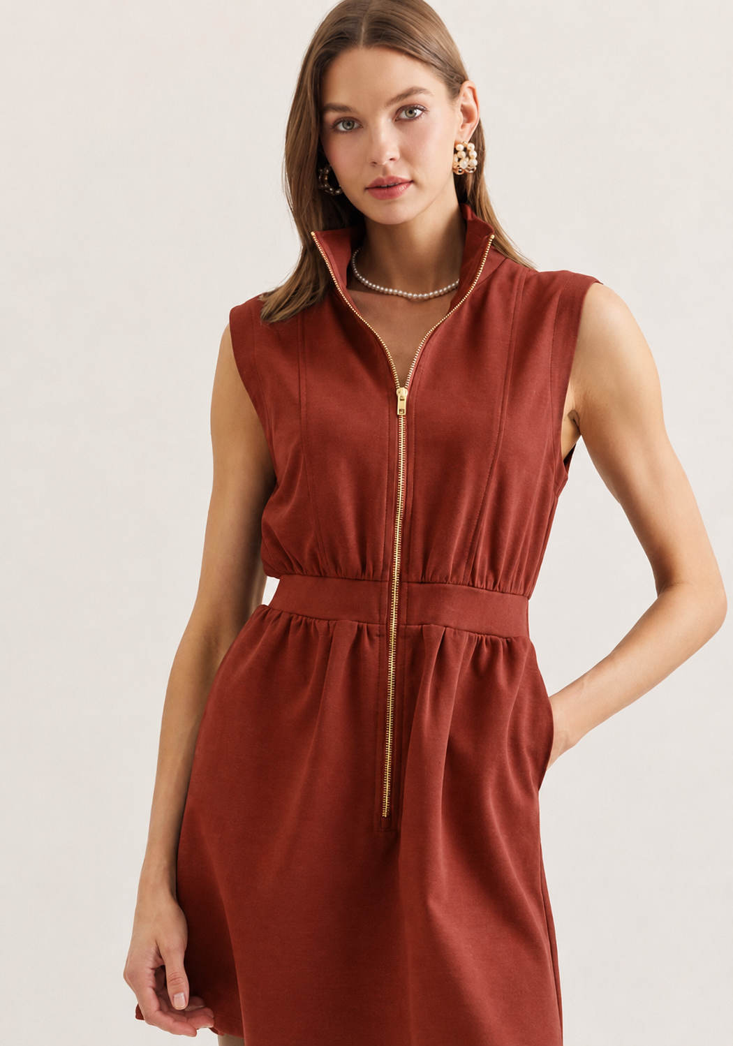 Rust Sleeveless Mini Dress with Scallop Stand Collar
