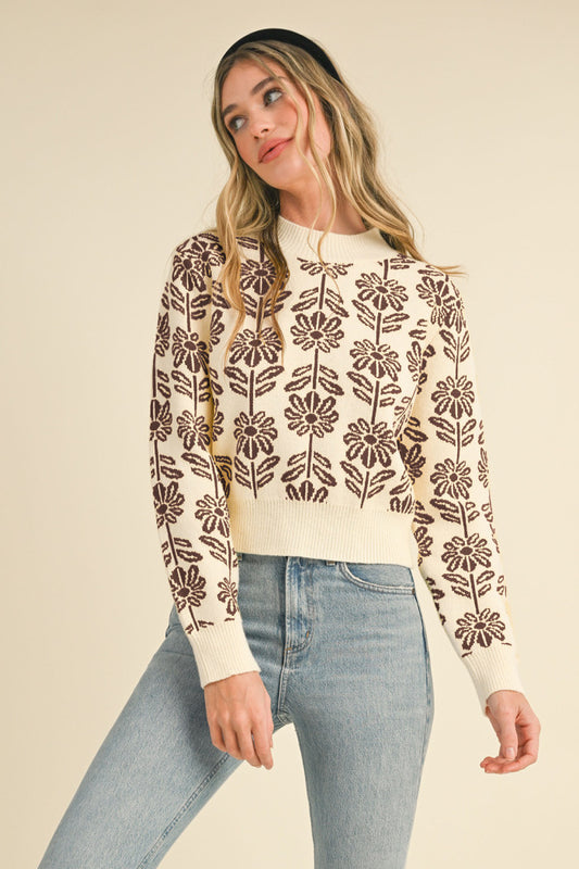 Floral Knit Sweater in Brown Daisy